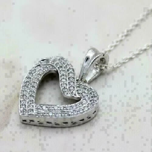 2Ct Round Cut Diamond Cluster Heart Pendant 14K White Gold Finish Free 18″ Chain