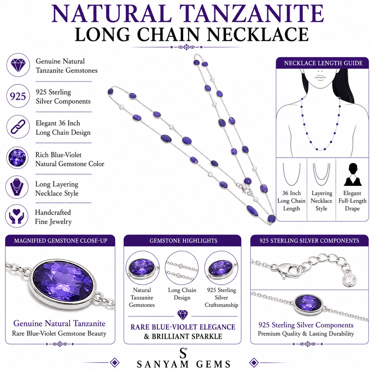 AAA Natural Tanzanite Station Necklace 925 Sterling Silver Long Chain 36″ P-604