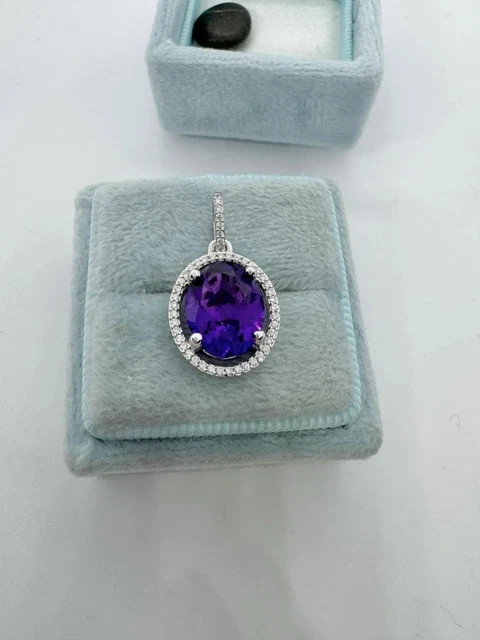 3.00 Ct Oval Cut Lab-Created Amethyst Halo Pendant 14K White Gold Plated Silver