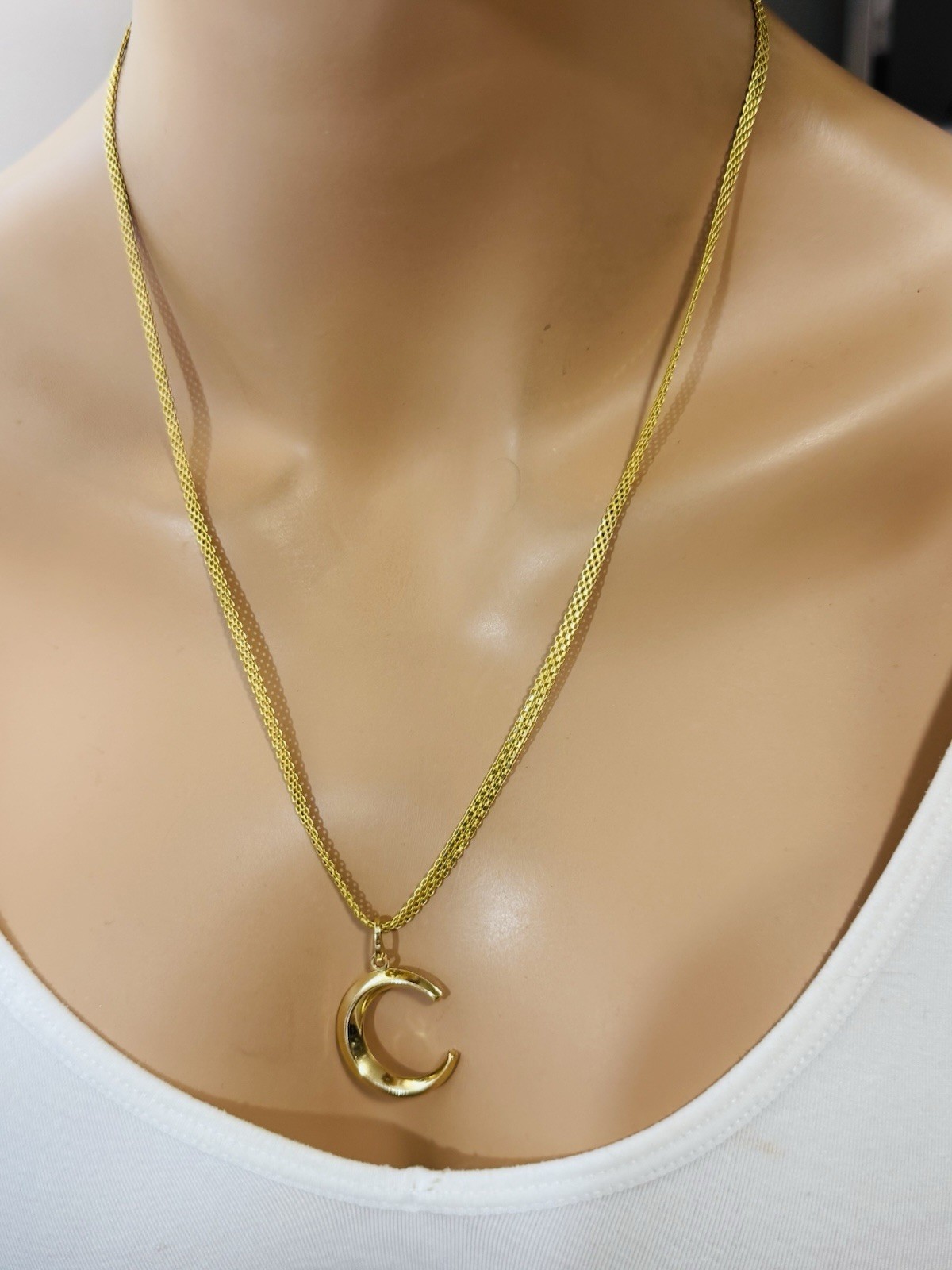 18K 750 Fine Genuine Gold Half Moon/Letter C Necklace 21.6/22” Long 12g 3.8mm