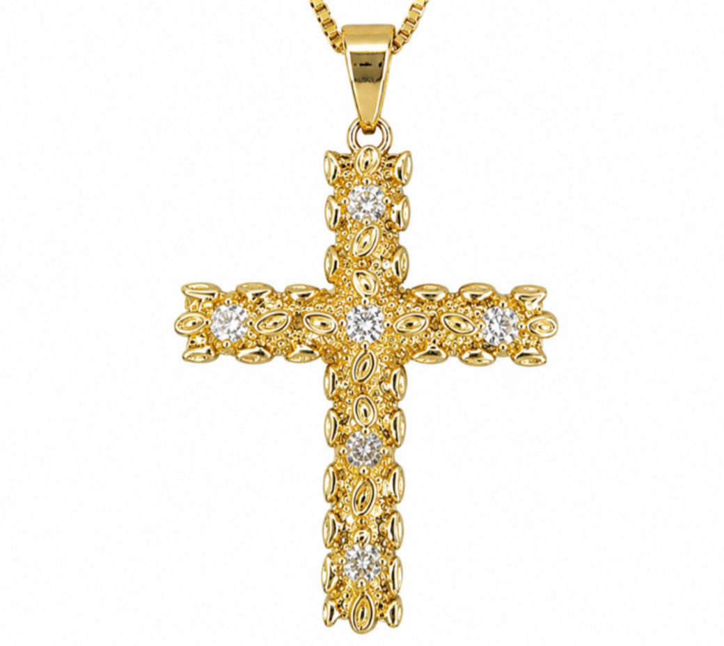 2″ Iced CZ Italian 1/200 14k Yellow Gold Oro Nugget Cross Nugget Pendant Cadena