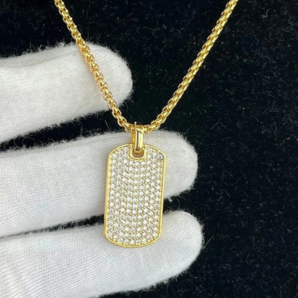 David Yurman Gold Tone Paved Dog Tag Pendant Necklace