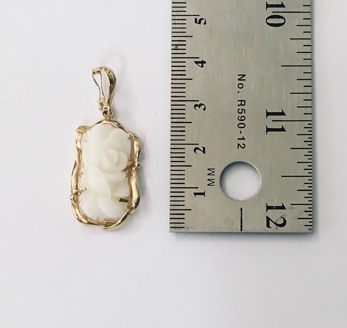 Genuine Natural White Coral Hand Carved Flower 14K Yellow Gold Pendant Enhancer