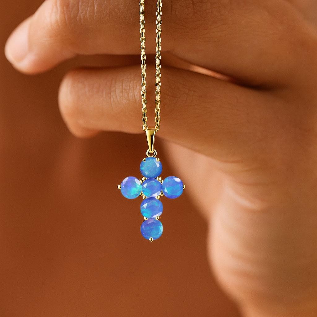 Genuine Blue Opal Gemstone Gold Cross Pendant, Natural Opal Gold Chain Pendant