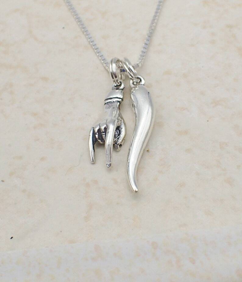 Italian Good Luck Necklace Sterling Silver Mano Cornuto Hand Charm Italian Horn
