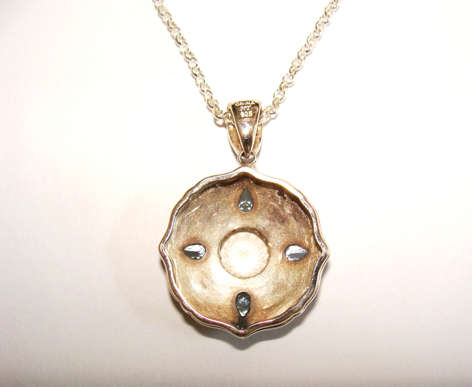 HT Sterling Silver Citrine Blue Topaz Round Shield Ethnic Pendant & 18″ Necklace