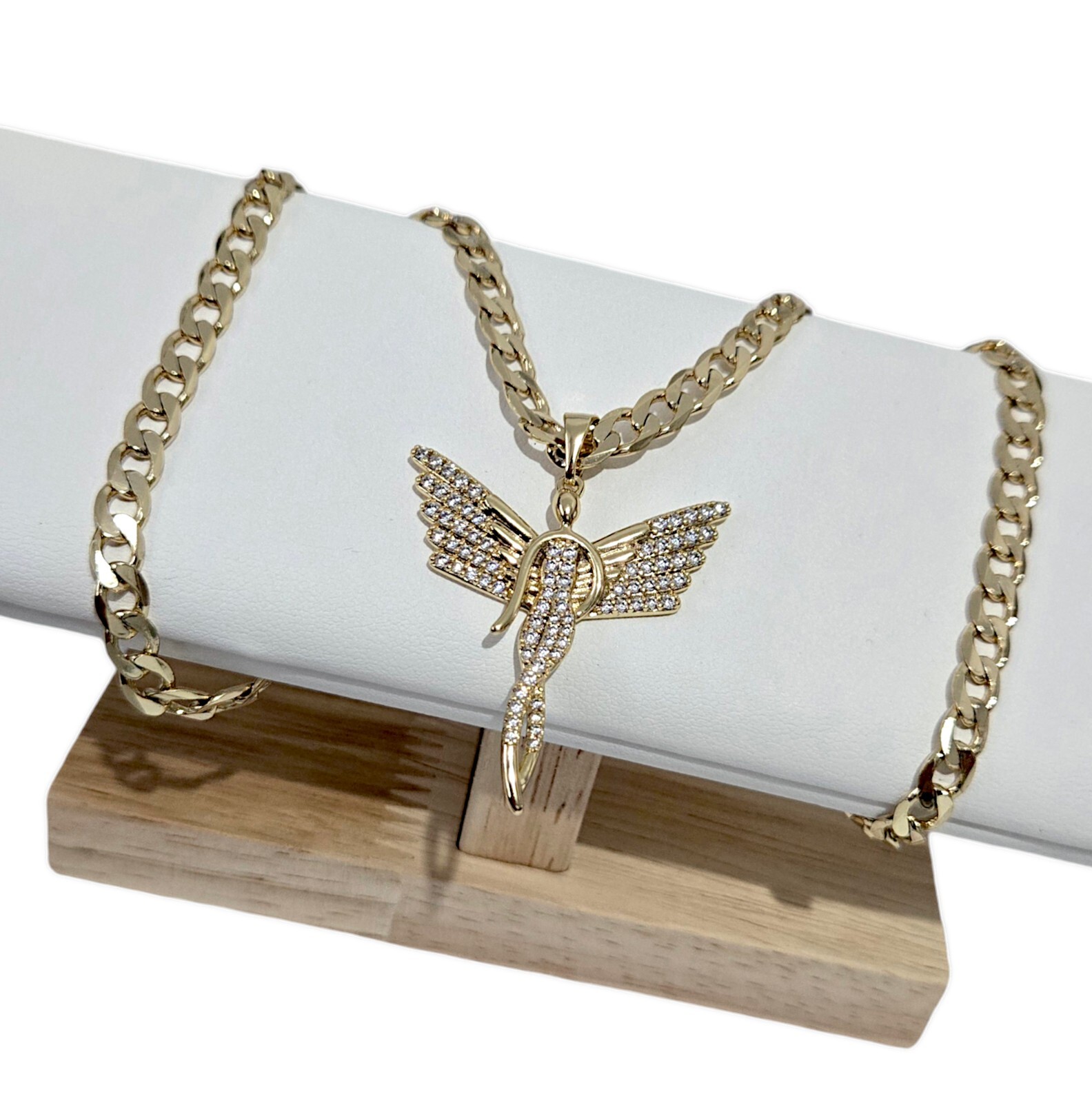 Gold Angel Pendant, Silhouette Angel Wings on 5mm Belcher Chain 30″ 9ct Guilded