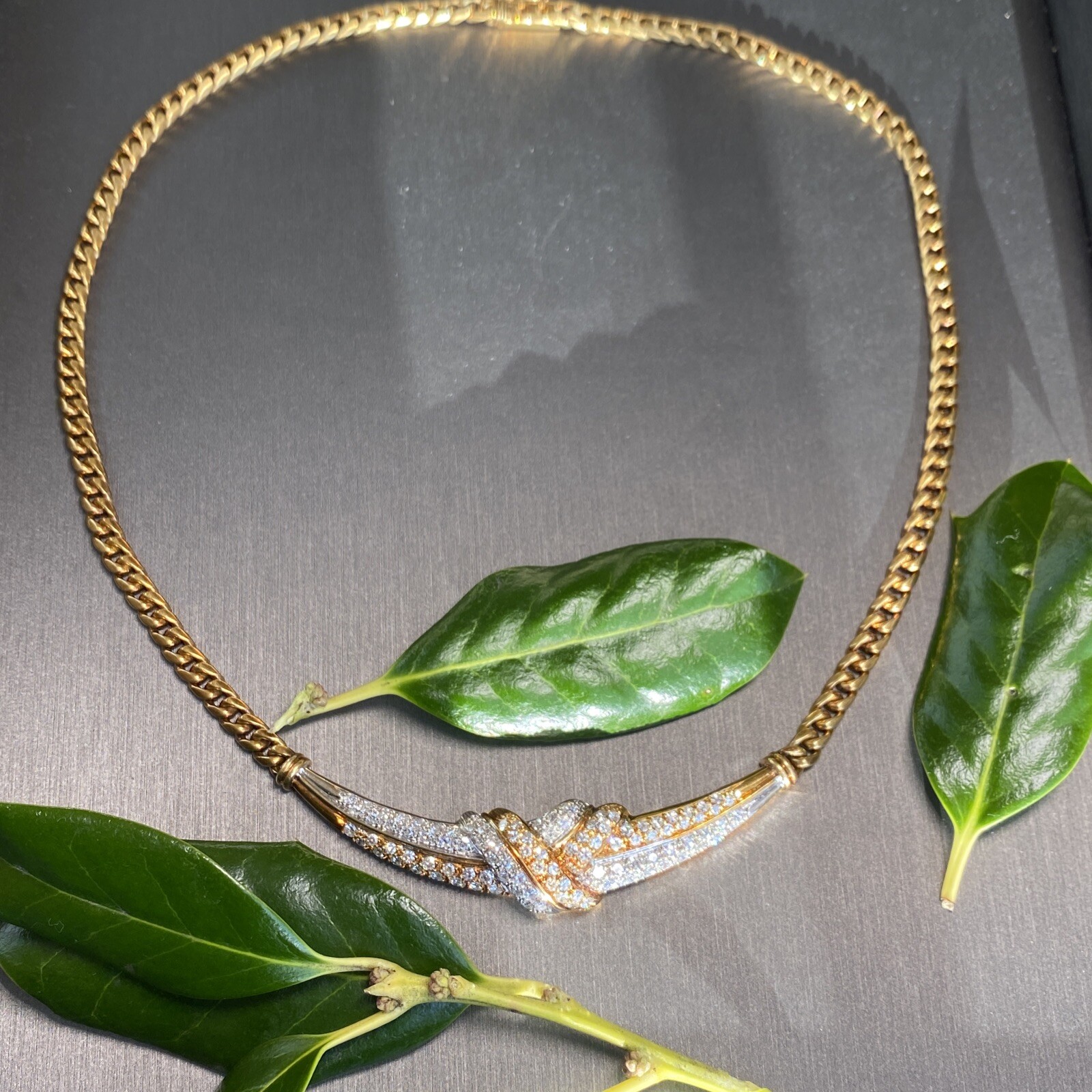 18K Yellow White Gold Diamond Love Knot X Crescent Vintage Cuban Chain Necklace