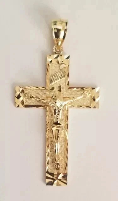 Religion Diamond Cut Jesus INRI Cross Crucifix Pendant 14K Yellow Gold Plated