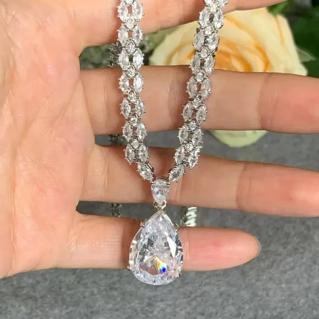 13Ct Pear Cut VVS1 Moissanite Sapphire Statement Necklace 14k White Gold Finish