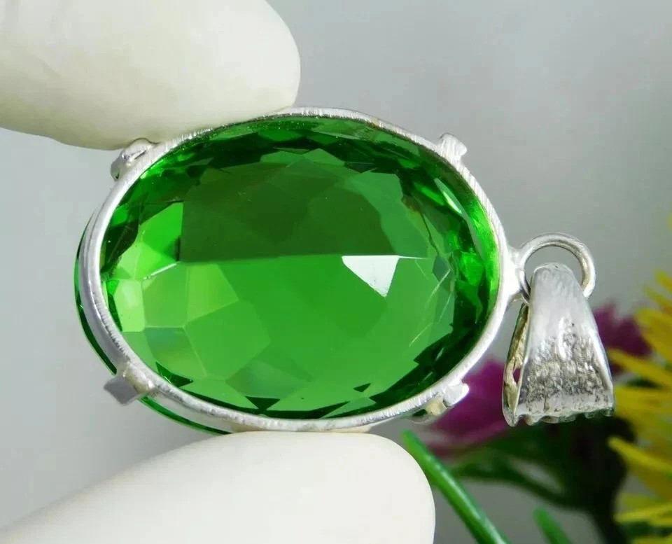 67 Ct Green Topaz Oval Cut Sterling Silver Certified Gemstone Pendant Jewelry
