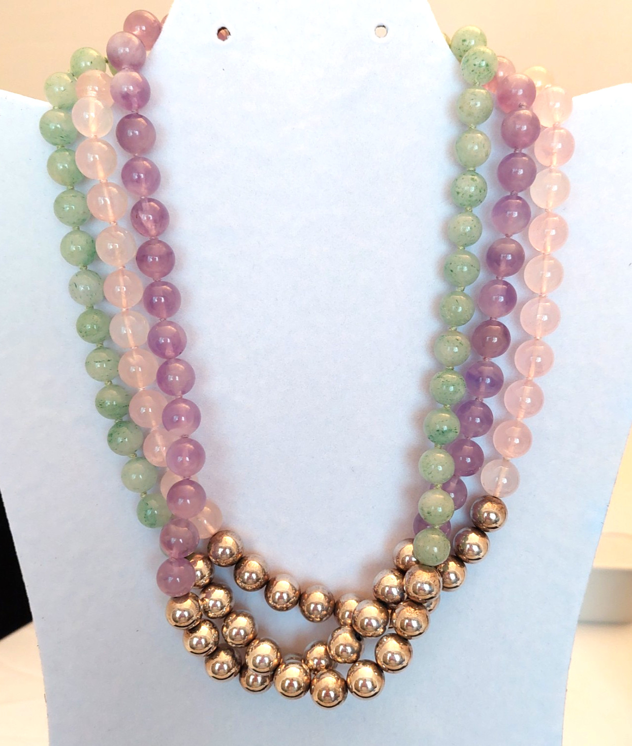 Sterling Silver Rose Quartz, Amethyst, Green Amethyst Multi-Strand Bead Necklace