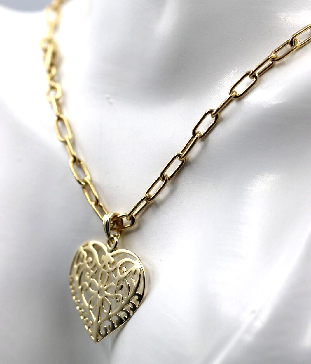Genuine 9ct Yellow Gold Handmade Paper Clip 45cm Chain + Heart Pendant