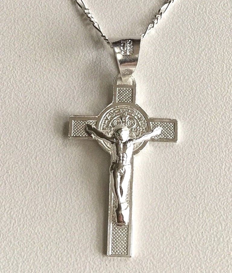 925 STERLING SILVER SAINT BENEDICT CROSS NECKLACE 18″/CADENA DE SAN BENITO-36mm