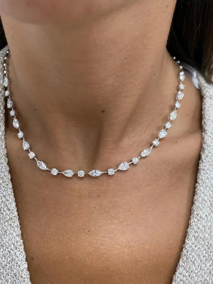 14K White Gold Plated VVS1 Moissanite Multi Shape Moissanite 18″ Tennis Necklace