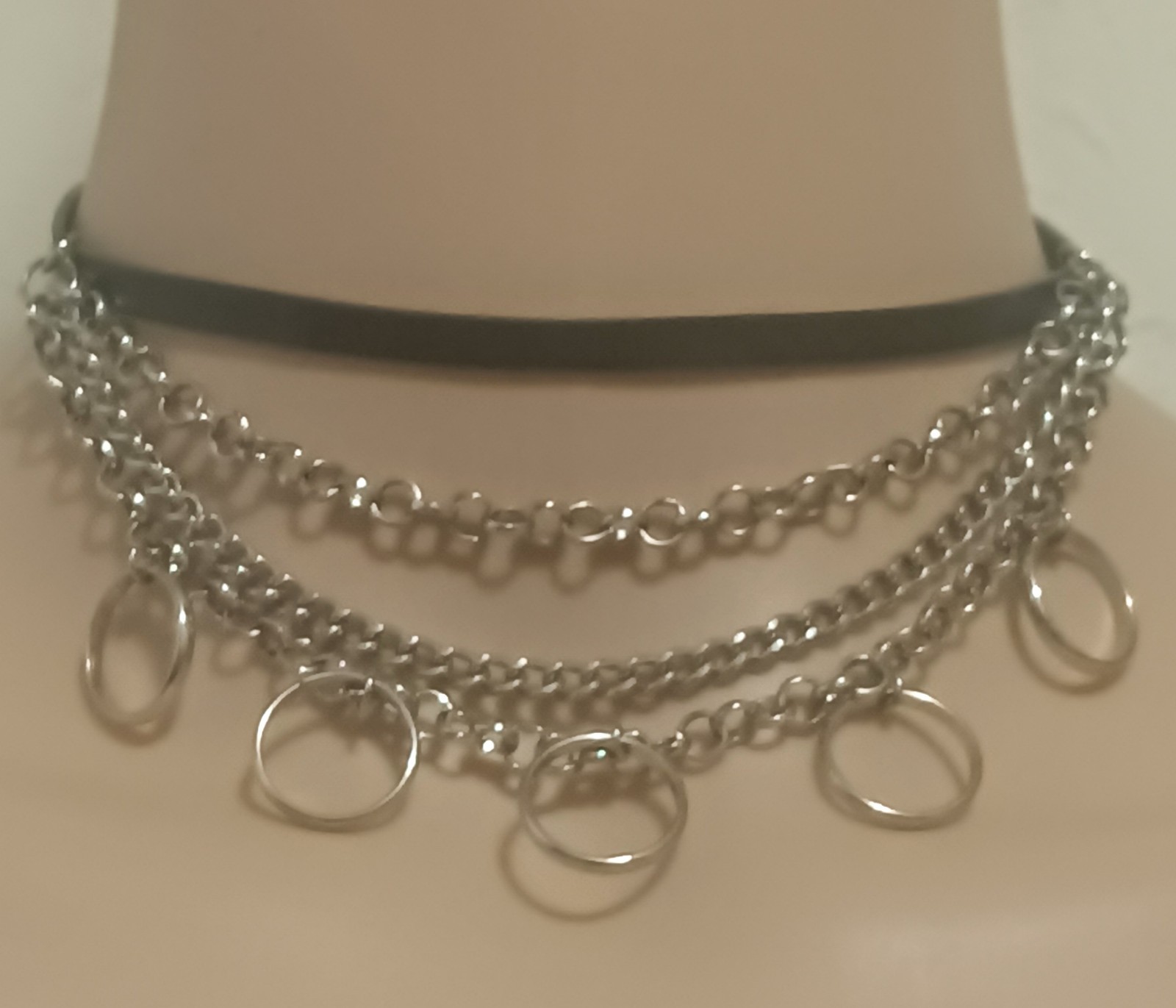 Gothic Black Leather Punk Chain Choker Layered O Ring Charm Necklace 14 Inch
