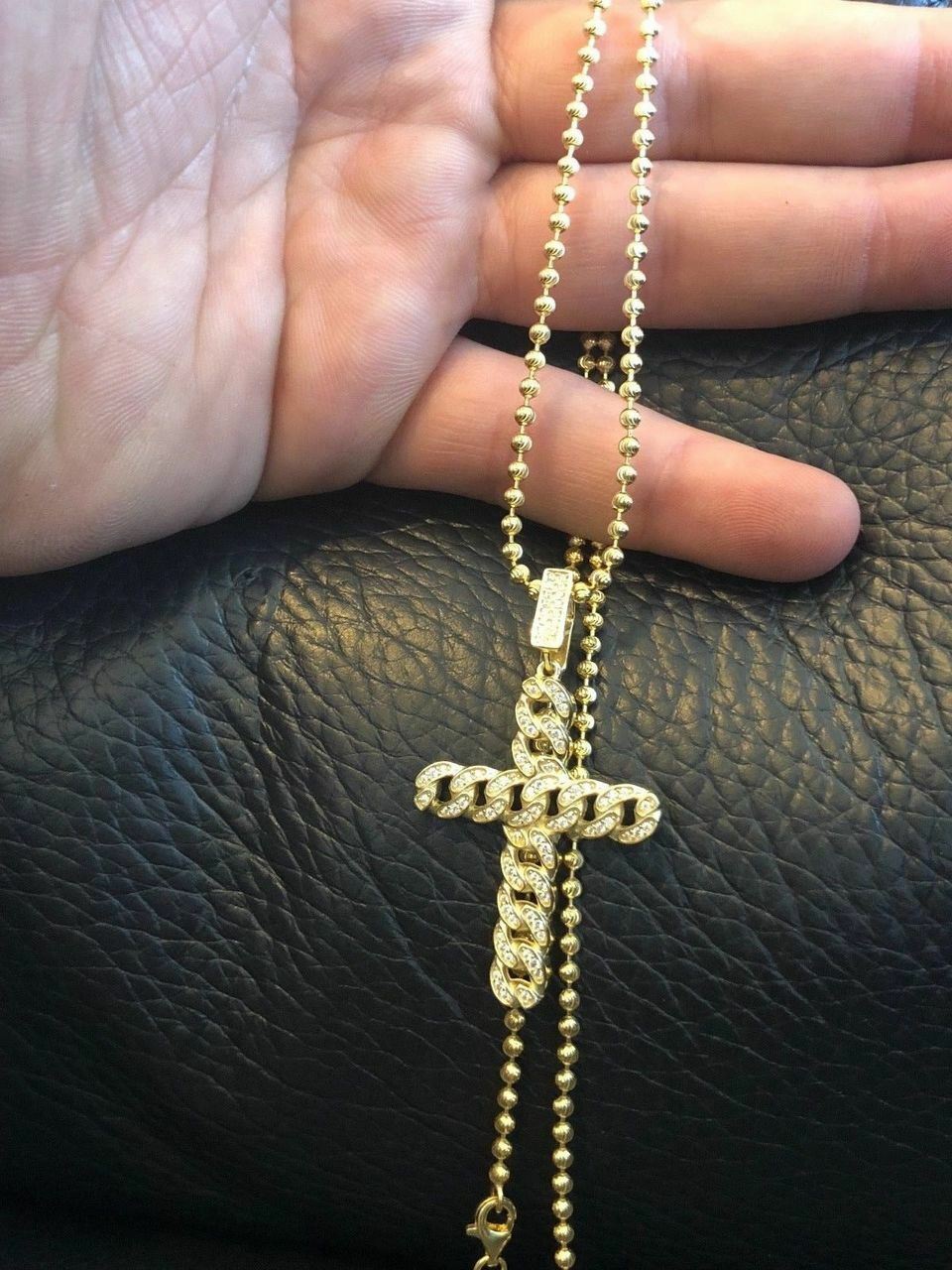 Cuban Link Cross Pendant W. Chain Sterling Silver 925 *14k Gold Plated* CZ