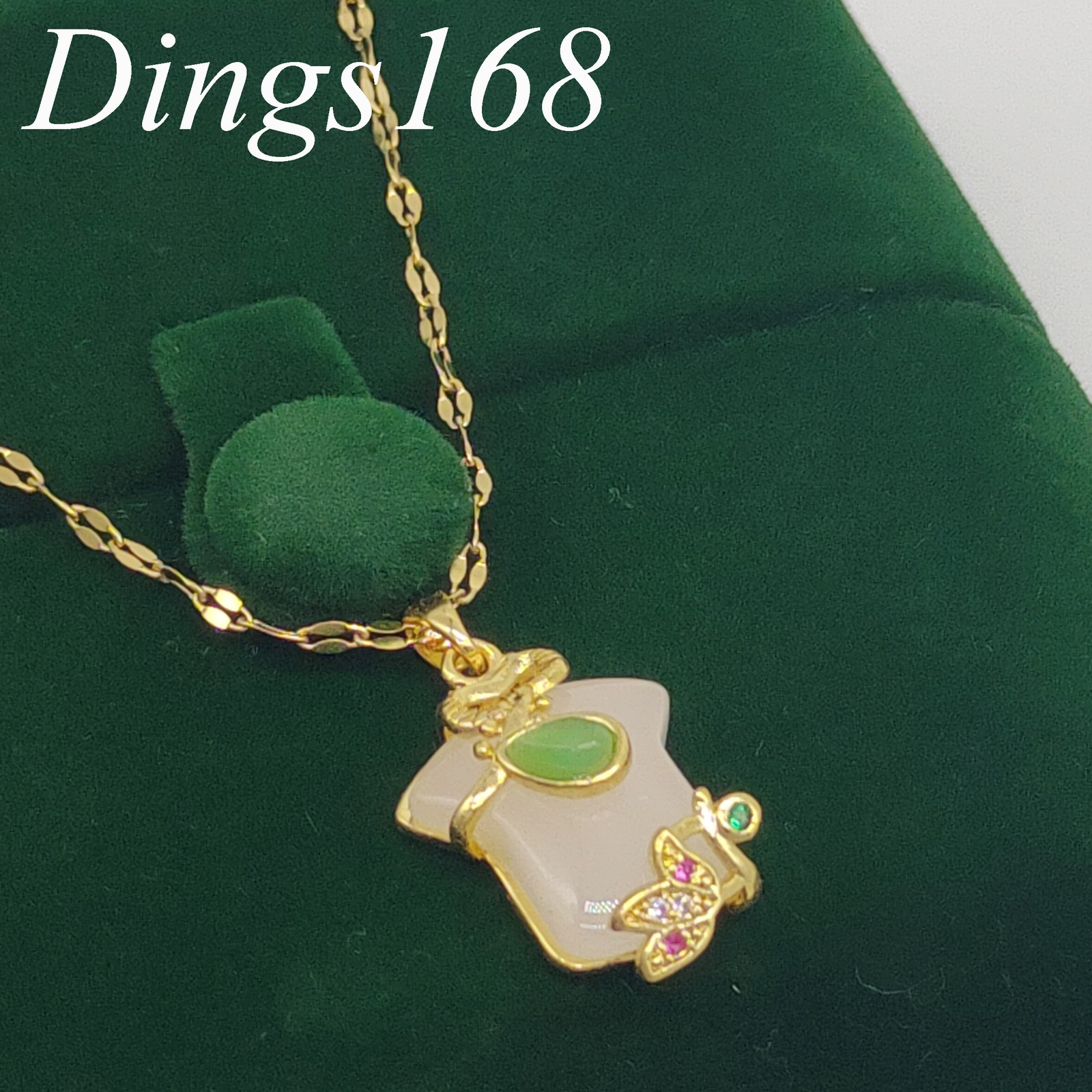 18K Yellow Gold Filled Nickel-Free 20x15mm Jade Cheongsam Pendant Chain Necklace
