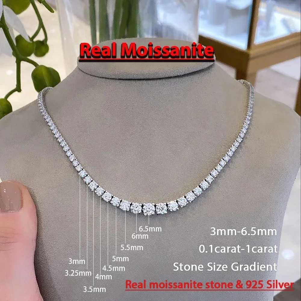 Full Moissanite Tennis Necklace with Certificate 3-5Mm Size Gradient Diamond Nec