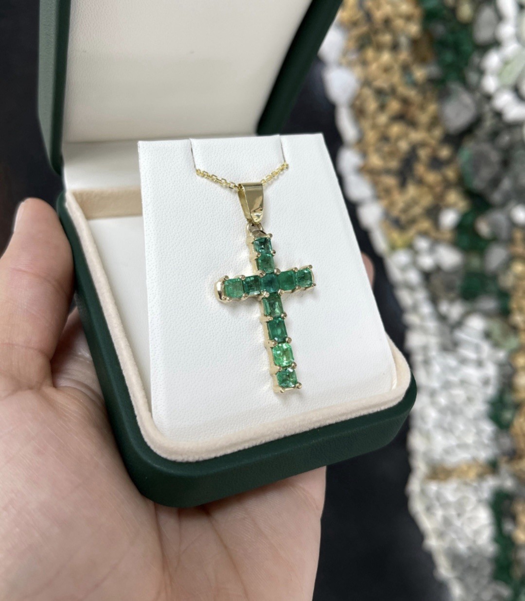 Emerald Gold Cross Pendant 14k Solid Yellow Gold Natural Emerald Pendant