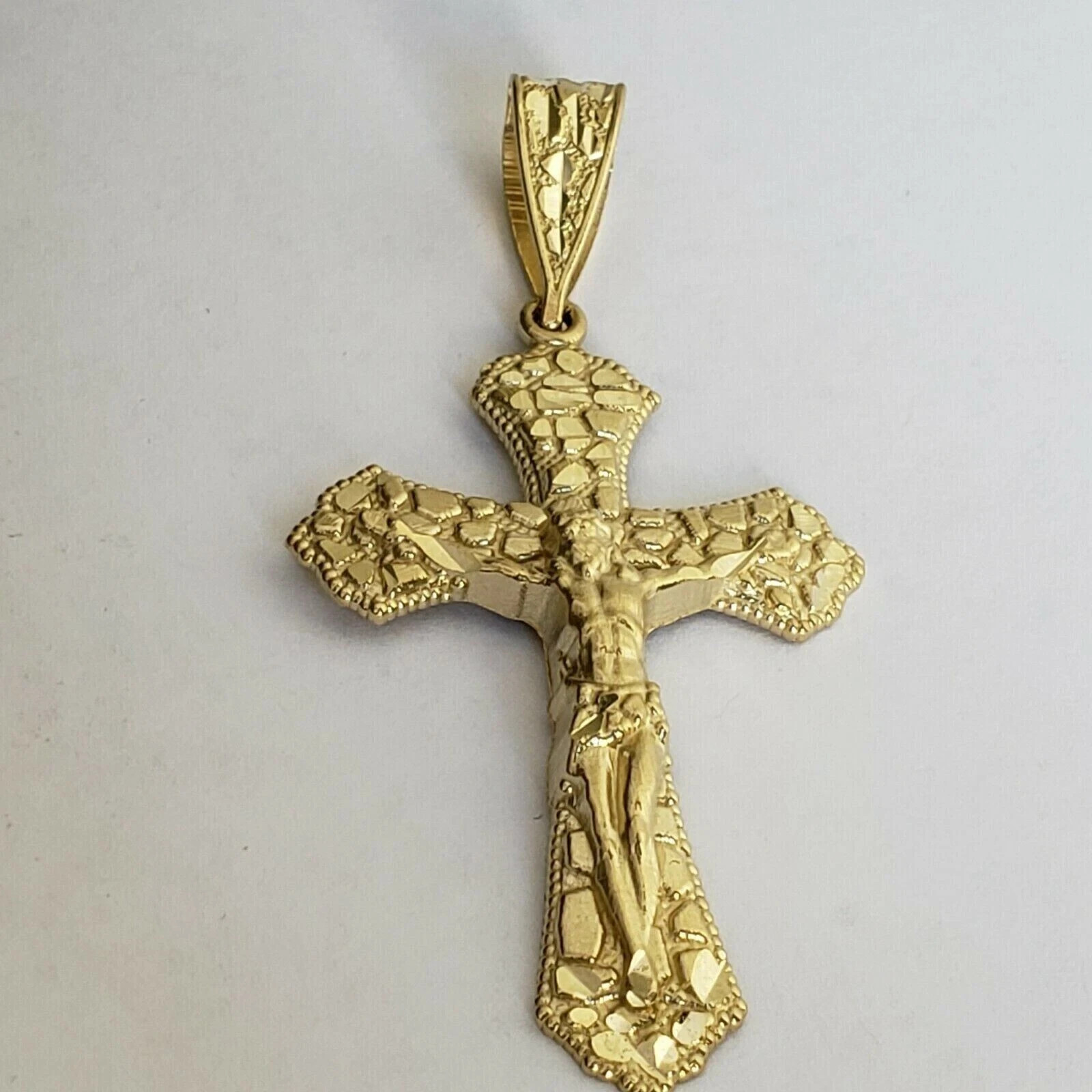 Estate Nugget Jesus Cross Pendant Charm Pendant 14K Yellow Gold Plated Silver
