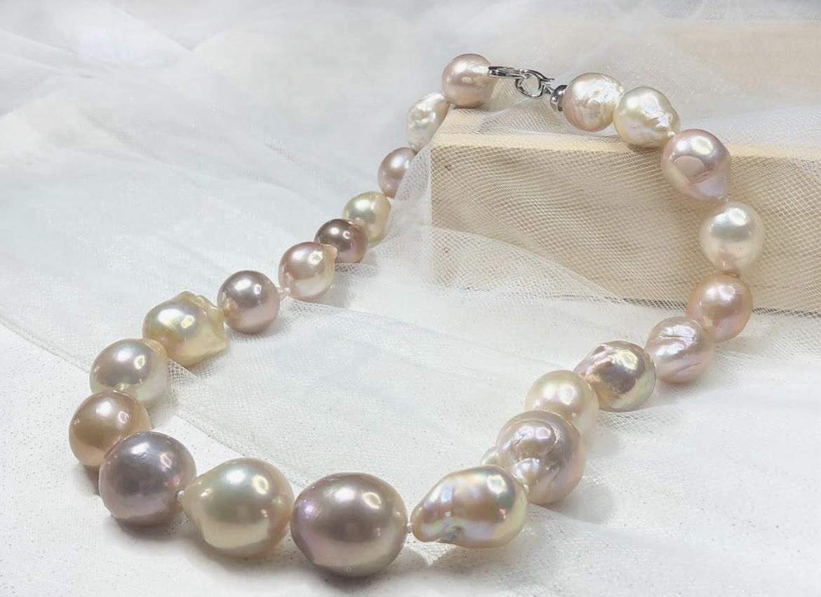 Natural Multi-color South Sea Beaded Pearl Necklace 12-15mm 16”925silver