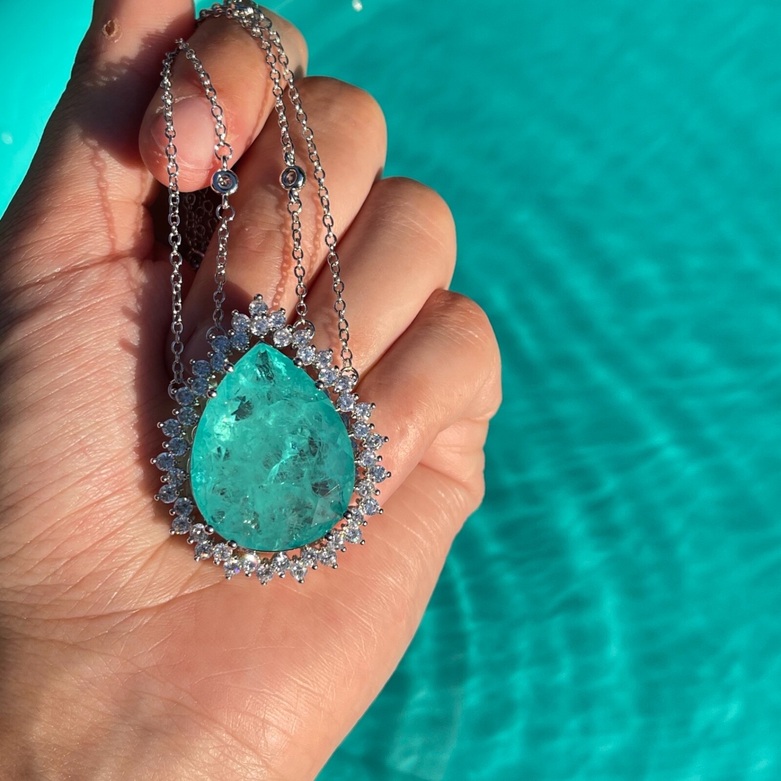 CARIBBEAN BLUE NATURAL GLOWING NEON PARAIBA TOURMALINE NECKLACE PENDANT 925 SS