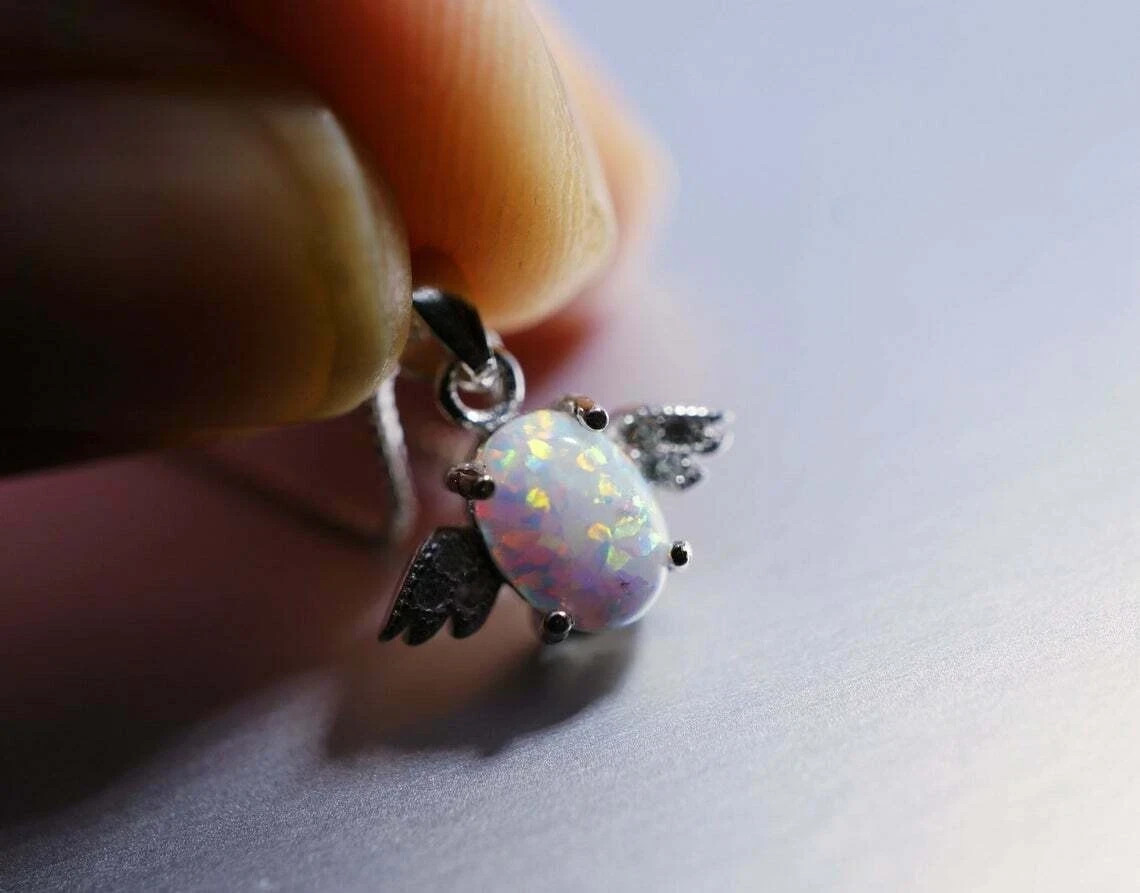 1.50Ct Oval Cut Fire Opal Diamond Solitaire Pendant 14K White Gold Finish Chain