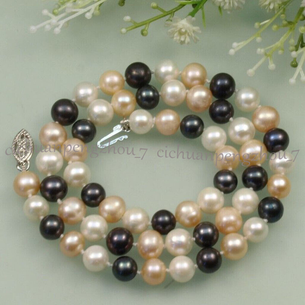Fashion Natural 7-8mm White Black Pink Freshwater Cultured Pearl Necklace 15-19″