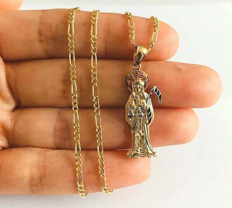 14K SOLID GOLD GRIM REAPER 20″ NECKLACE, 14K SOLID GOLD 34mm SANTA MUERTE – PT97