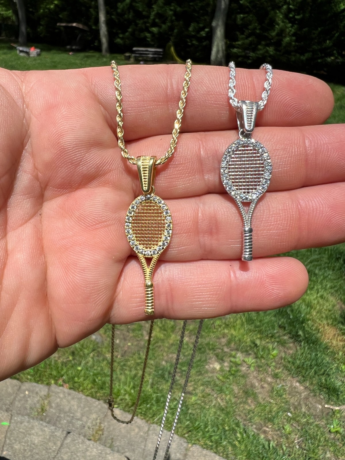 Real 925 Silver 14k Gold Plated Tennis Racket Pendant Necklace Mens Ladies CZ