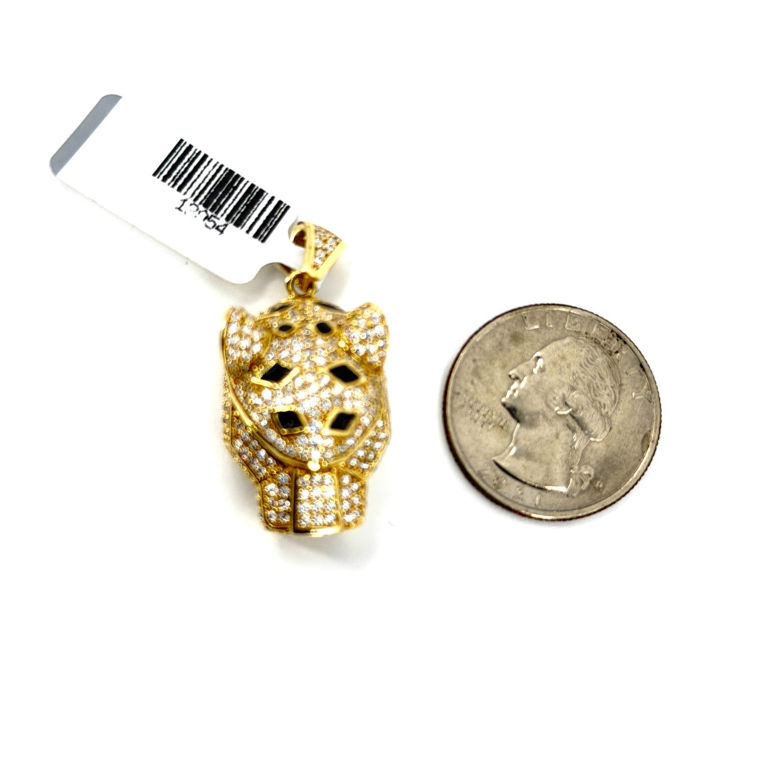 Real 14K Solid Yellow Gold Iced Panther Head Pendant CZ Black Enamel Jaguar