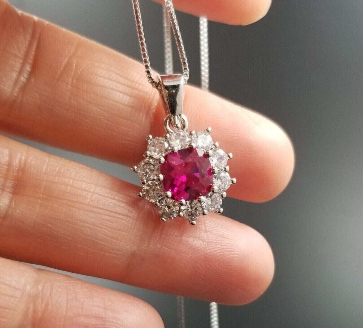 Delicate 2.60Ct Cushion Lab-Created Pink Ruby Halo Pendant 14k White Gold Plated