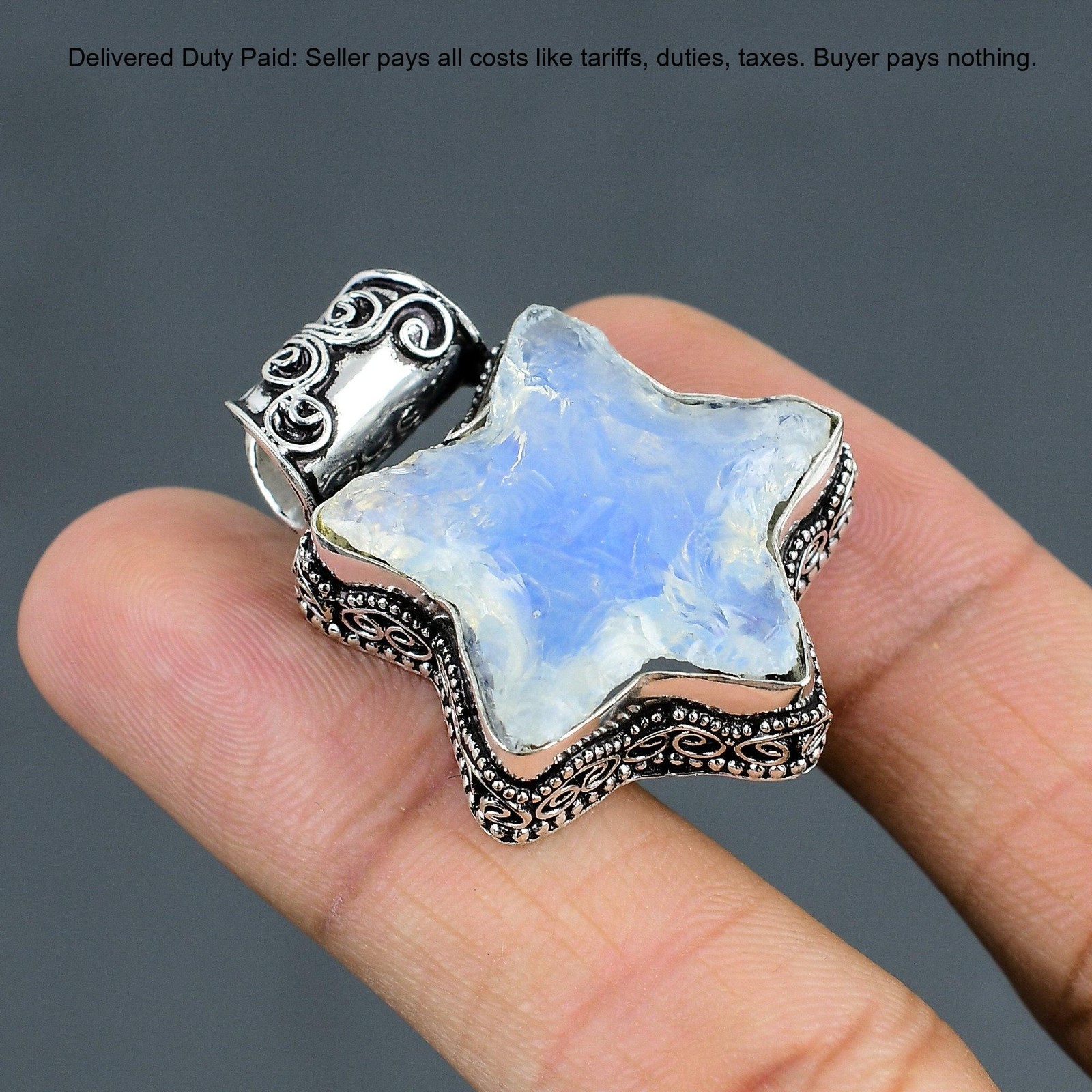 Milky Opal Rough Gemstone 925 Sterling Silver Bezel Star Vintage Pendant Jewelry