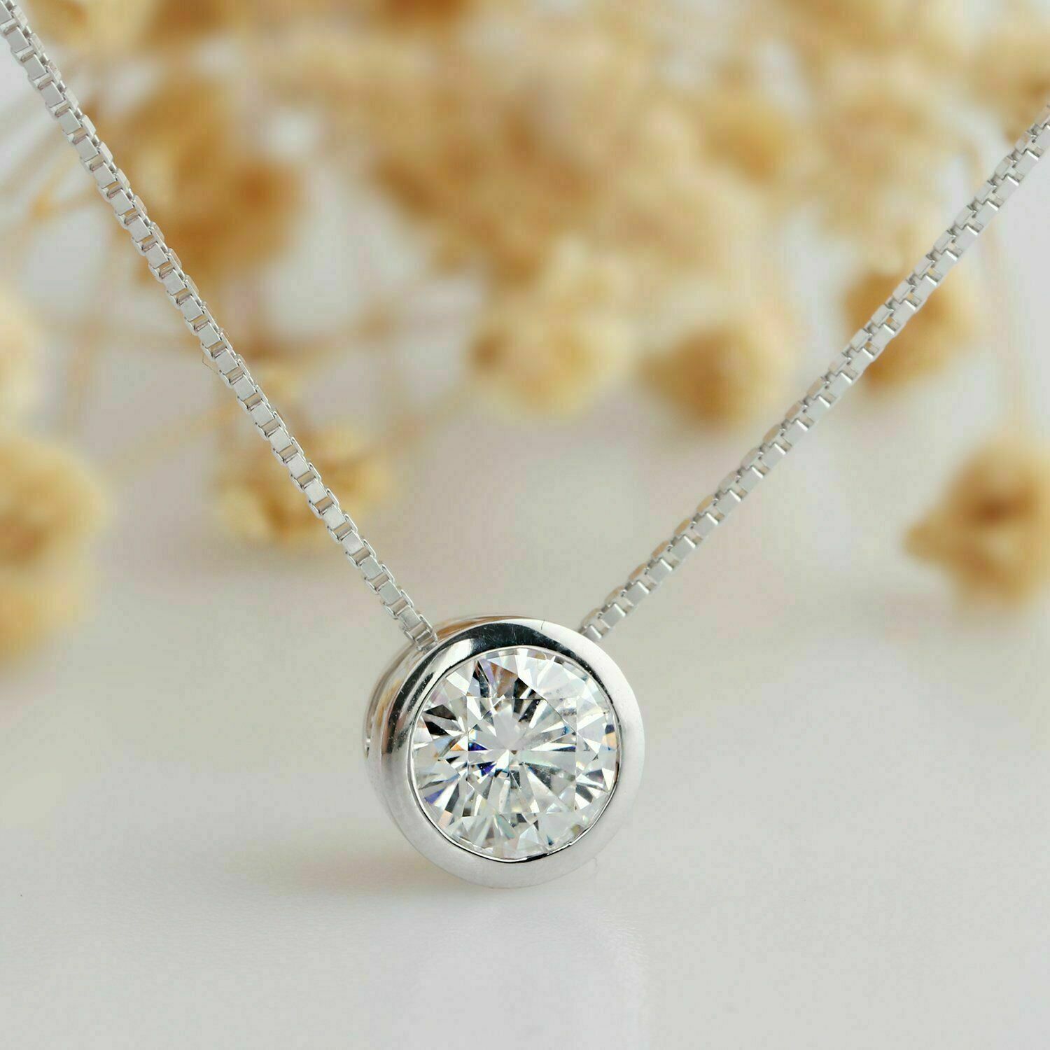 1Ct Round Cut Bezel Set Diamond Solitaire Pendant D VVS1 Solid 10k White Gold GP
