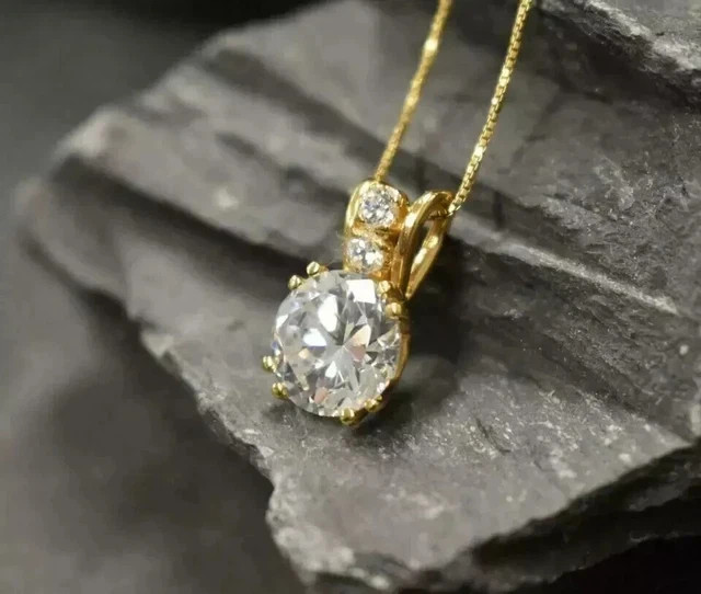 Real Moissanite 3Ct Round Cut Women’s Solitaire Pendant 14K Yellow Gold Plated