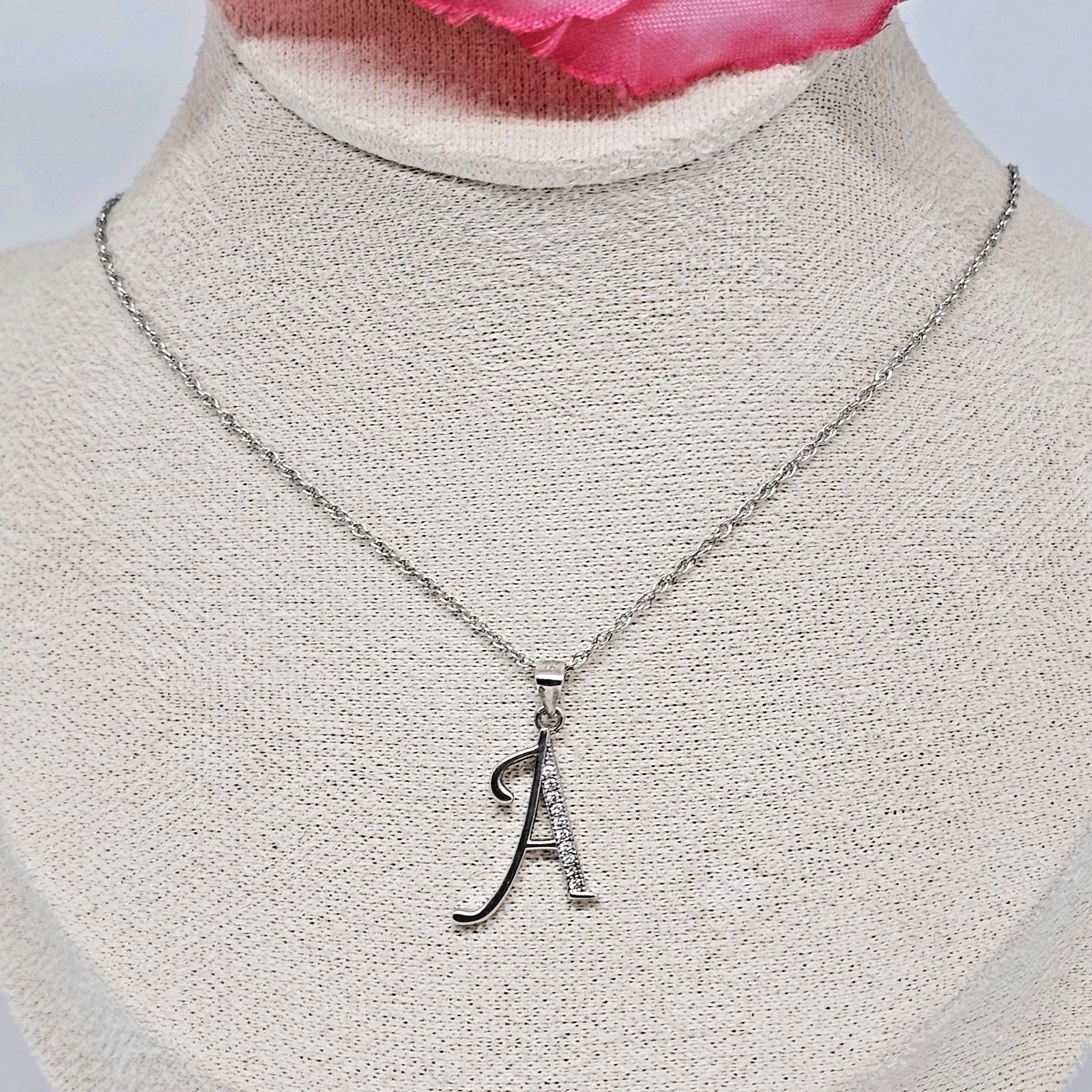 925 Sterling Silver CZ A Letter Initial Pendant Necklace Name Chain Cubic Zircon