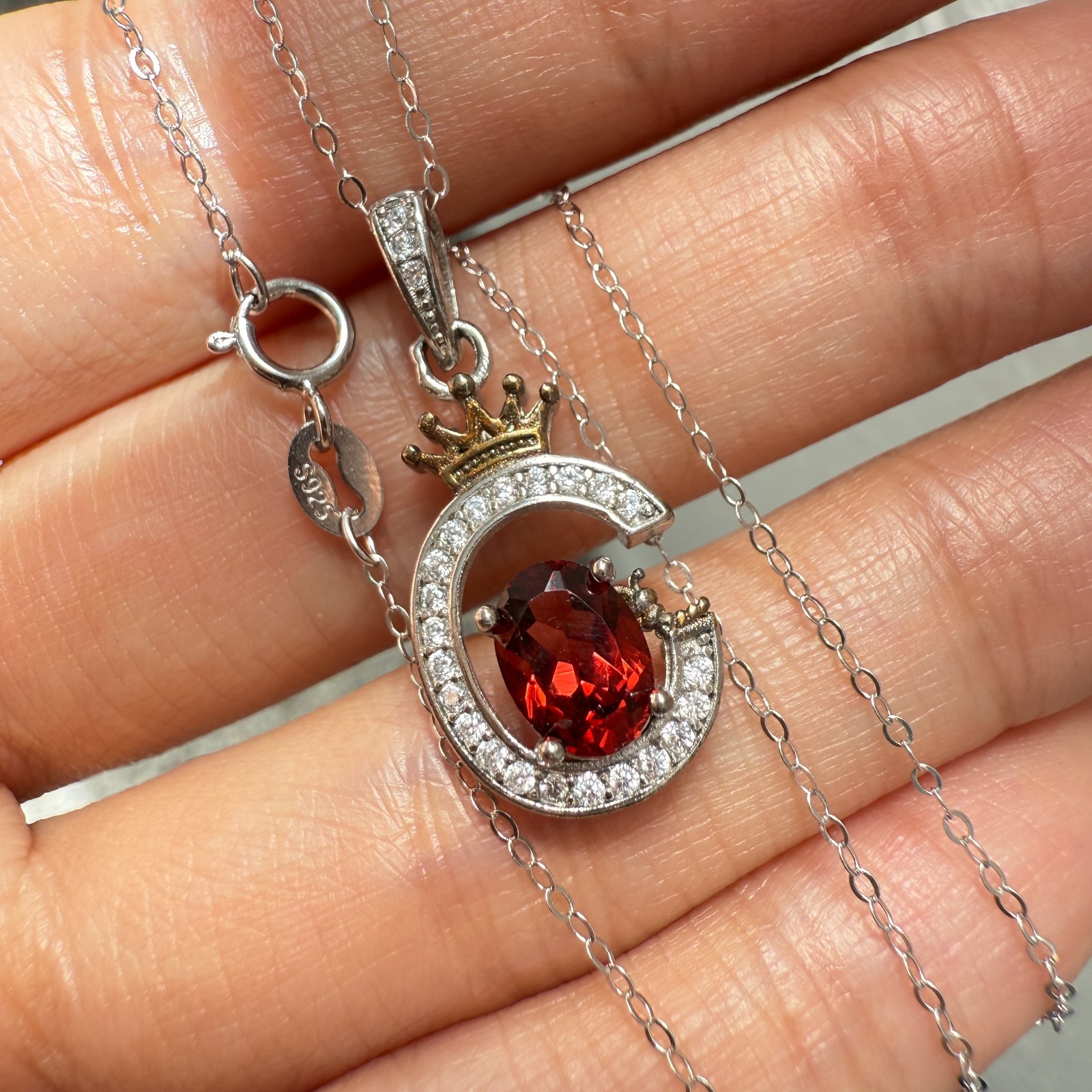 925 Sterling Silver Necklace 7x5mm Natural Garnet Zircon Crown Handmade Chain
