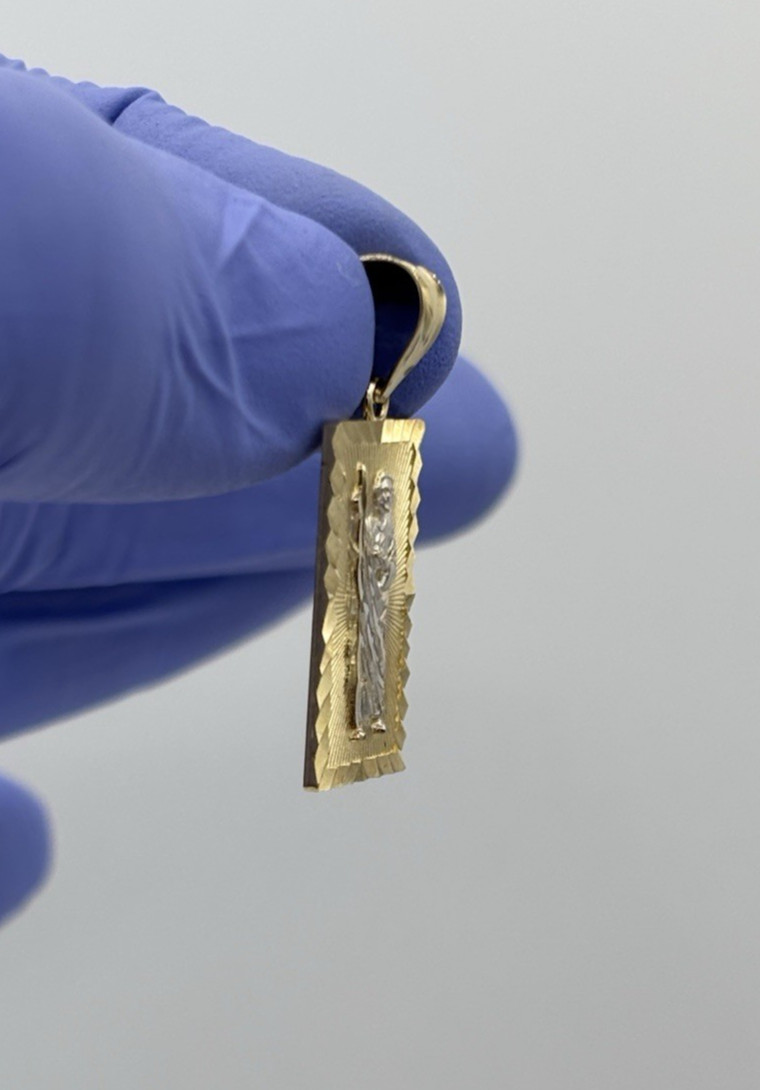 14K Yellow Gold San Judas Religious Pendant Diamond Cut Rectangle 1.22″ 1.94g