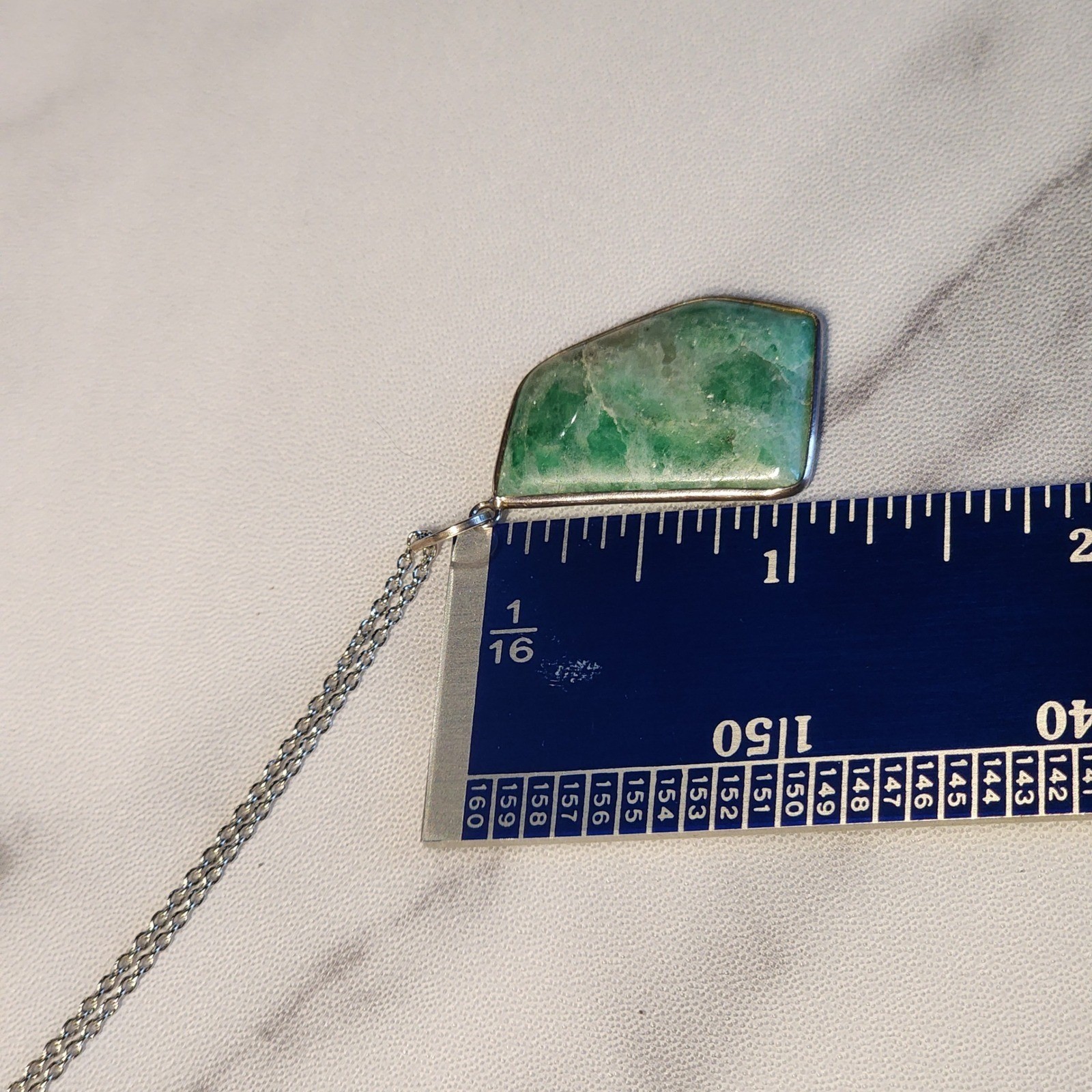 Sterling Silver 925 Green Stone Pendant Necklace Freeform Natural Gem Indonesia