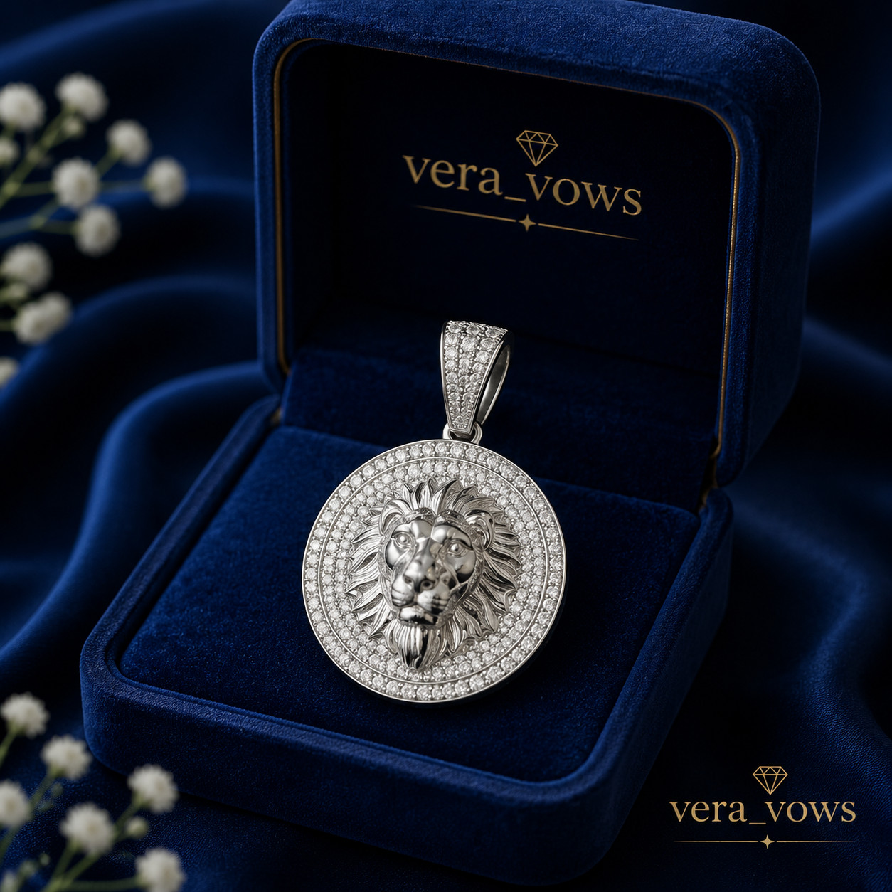 Men’s 1.00 Ct Round Cut Real Moissanite Lion Head Pendant 14K White Gold Plated