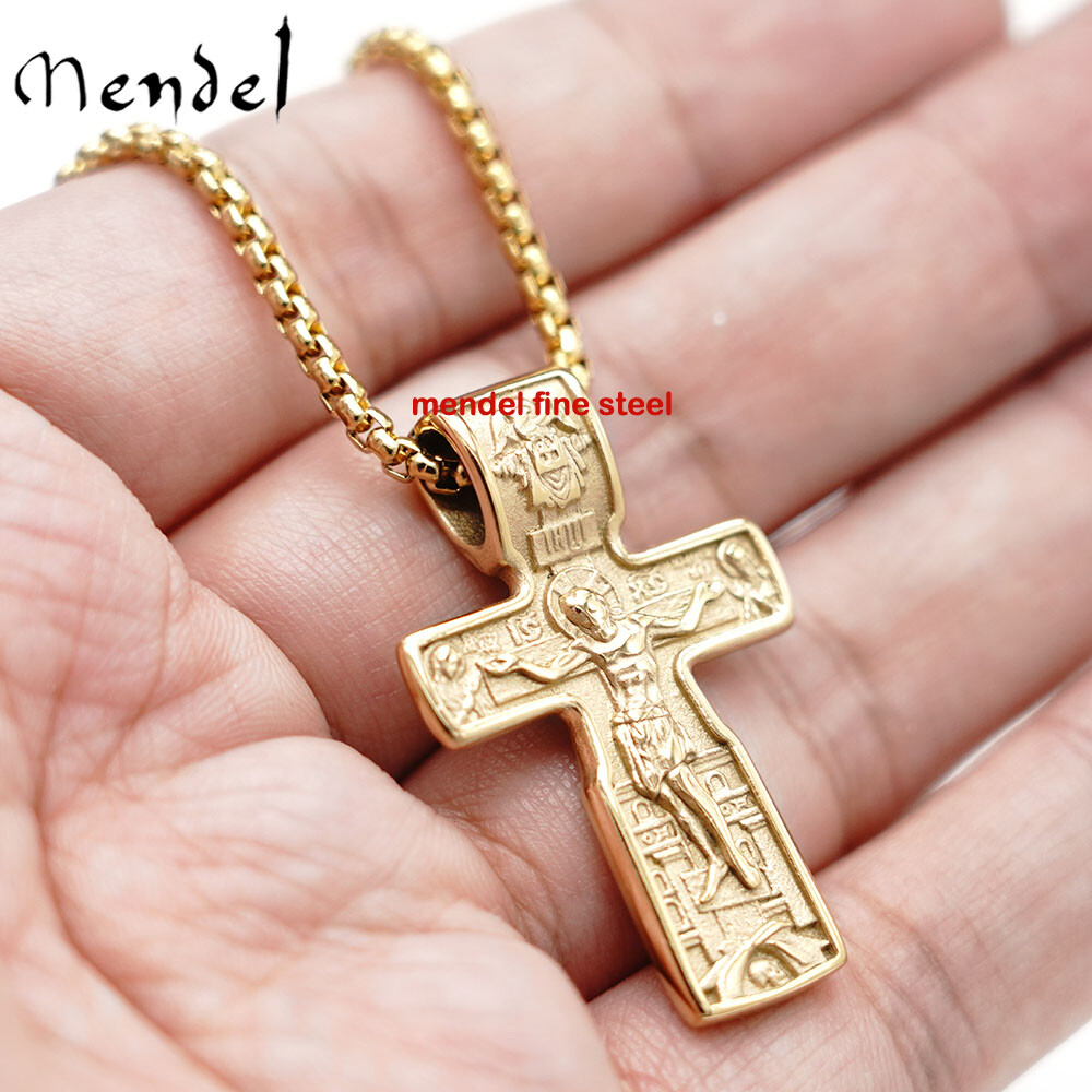 MENDEL Gold Russian Orthodox St Saint Benedict Crucifix Cross Pendant Necklace
