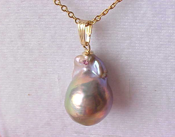 13MM X 20MM IRIDESCENT BRONZE PURPLE PEARL PENDANT SOLID 14K YELLOW GOLD