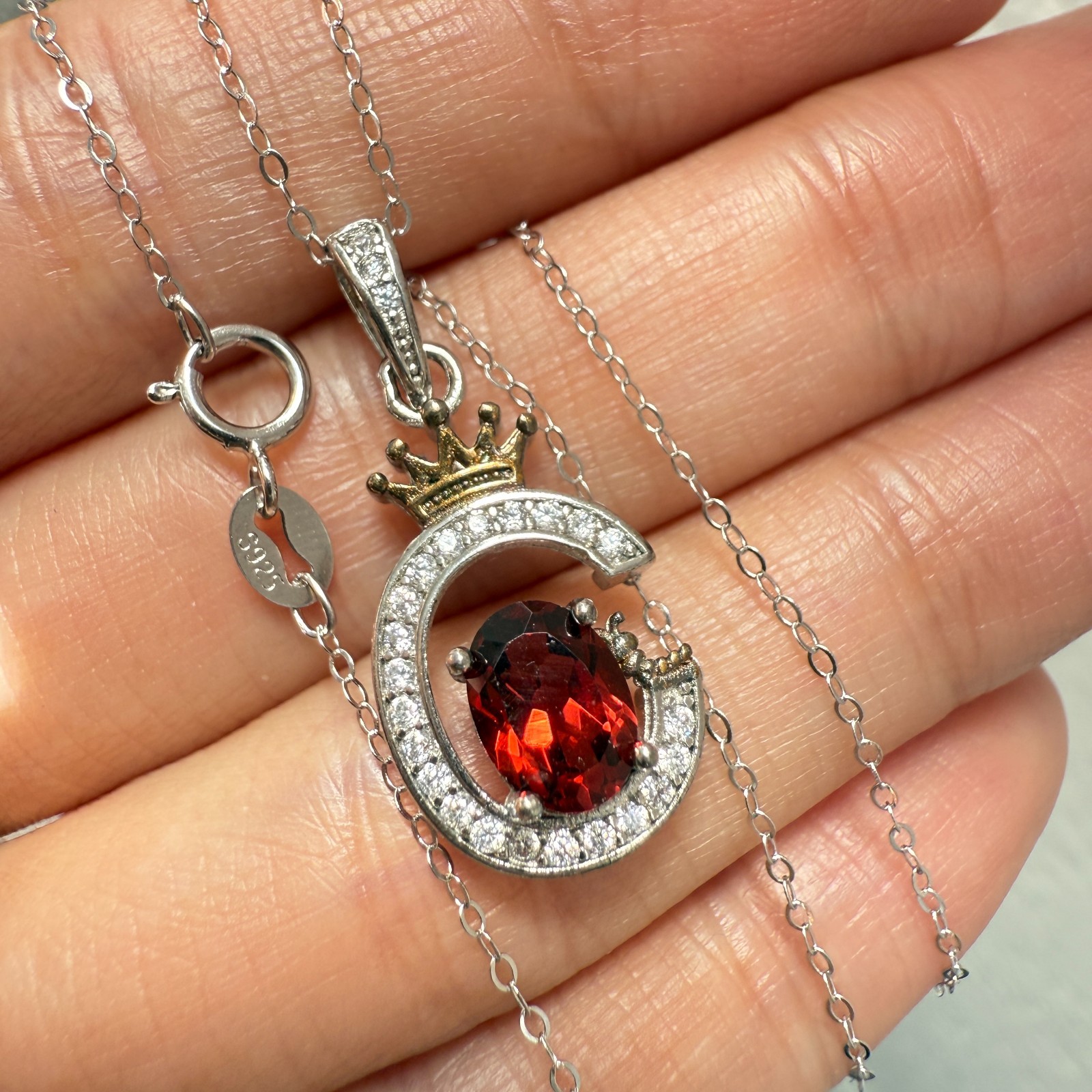 925 Sterling Silver Necklace 7x5mm Natural Garnet Zircon Crown Handmade Chain