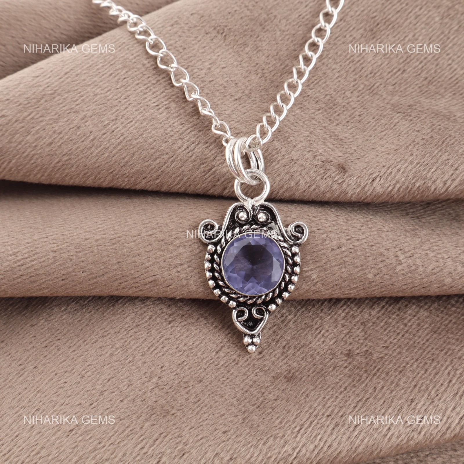925 Silver Round Iolite Gemstone Anniversary Birthday Wedding Engagement Pendant