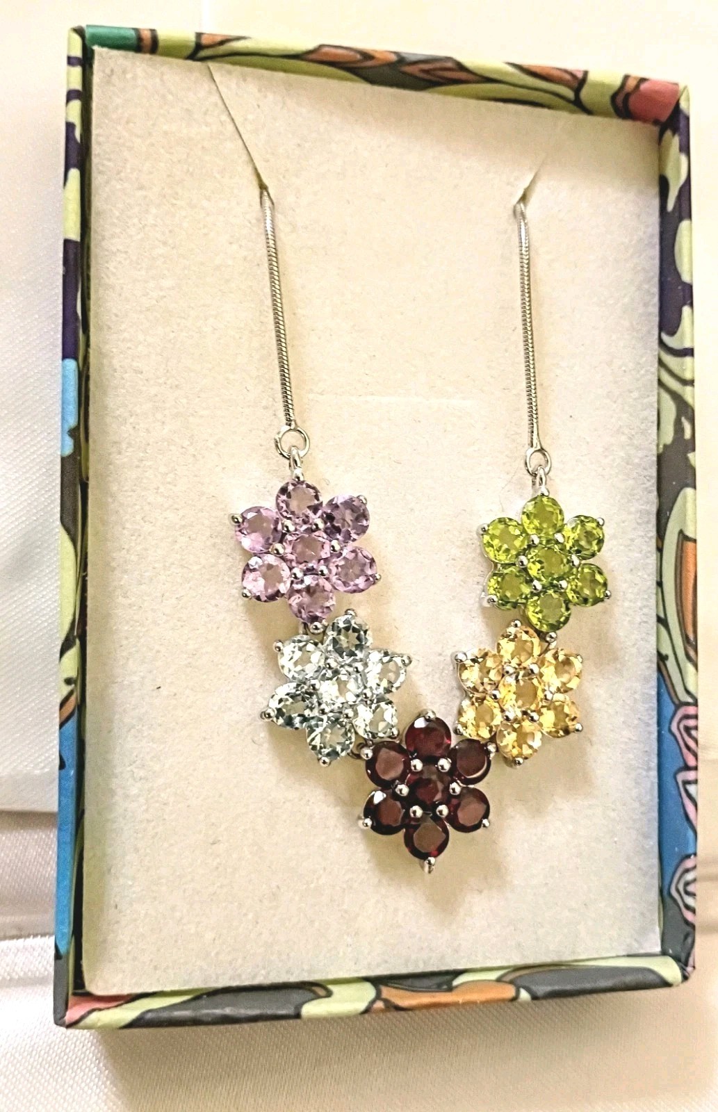 Silver Genuine Gemstone 5 Multicolor Flower Clusters 18″ Snake Chain Necklace