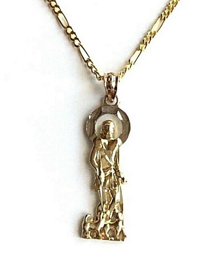 10K Solid Gold Saint Lazarus Pendant – 10K Real Gold 2mm Figaro 20″ Chain -3.2gr