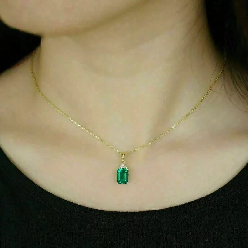 2Ct Lab Created Green Emerald Cut Womens Pendant 14K Yellow Gold Plated 18″Chain