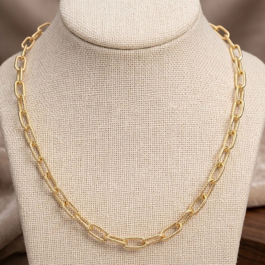 Technibond Paper Clip Oval Chain Necklace Enhancer 14K Yellow Gold Plated Silver