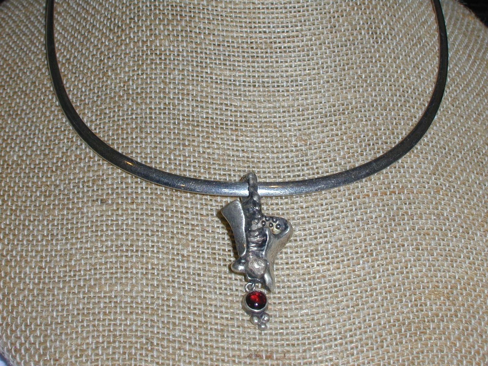 MODERNIST BRUTALIST STERLING SILVER HANDMADE PENDANT W/ GARNET DROP!